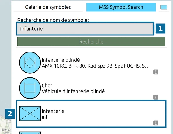 MSS Symbol Search de map.army avec 'infanterie' saisi et le résultat 'Infanterie'