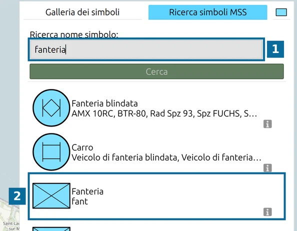 Ricerca simboli MSS di map.army con 'fanteria' digitato e il risultato 'Fanteria'