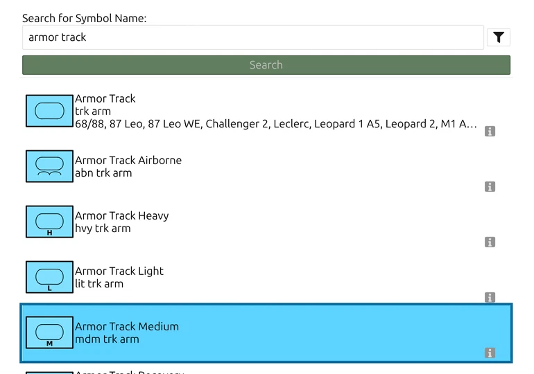 map.army 'Base Symbol Search...' dialog with 'armor track' typed in and 'Armor Track Medium' selected