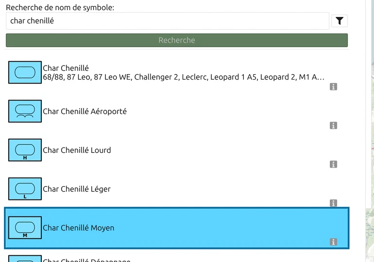 Dialogue 'Rechercher symbole de base...' de map.army avec 'char chenillé' saisi et 'Char Chenillé Moyen' sélectionné