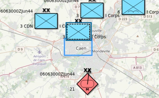 Planned UK 3rd Infantry Division with a dashed blue frame north of the Caen objective on the map.army map