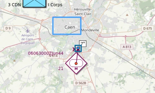 21st Panzer symbol on the map.army map with its direction arrow, the 7° label and the blue direction handle