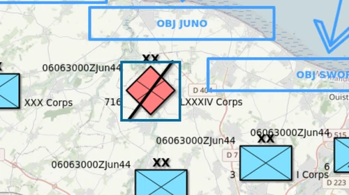 The red 716 division symbol on the map.army map with a black diagonal slash across its frame