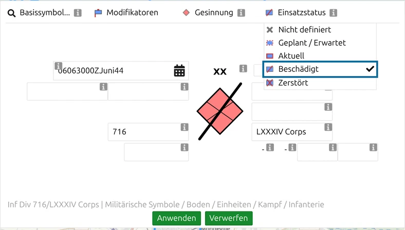 map.army MSS-Symbol-Editor mit geöffneter Liste 'Einsatzstatus', 'Beschädigt' ist markiert