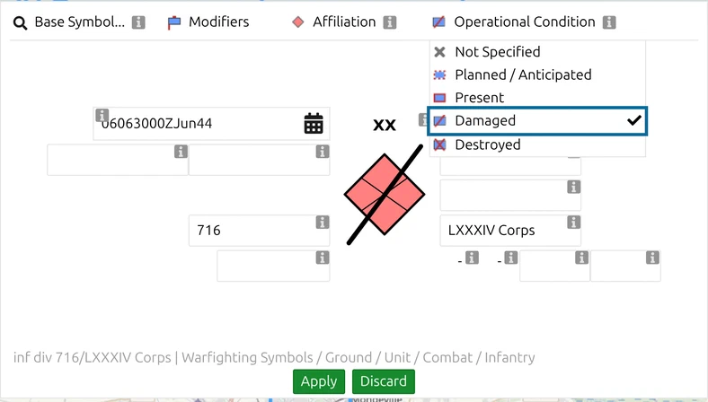 map.army symbol editor with the 'Operational Condition' list open and 'Damaged' marked