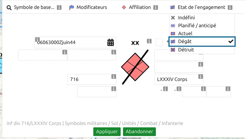 MSS Symbol Editor de map.army avec la liste 'Etat de l'engagement' ouverte et 'Dégât' coché