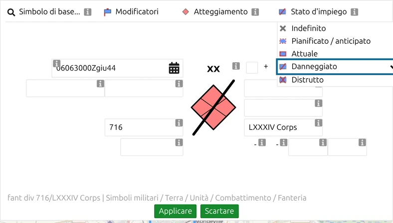 MSS Symbol Editor di map.army con l'elenco 'Stato d'impiego' aperto e 'Danneggiato' contrassegnato