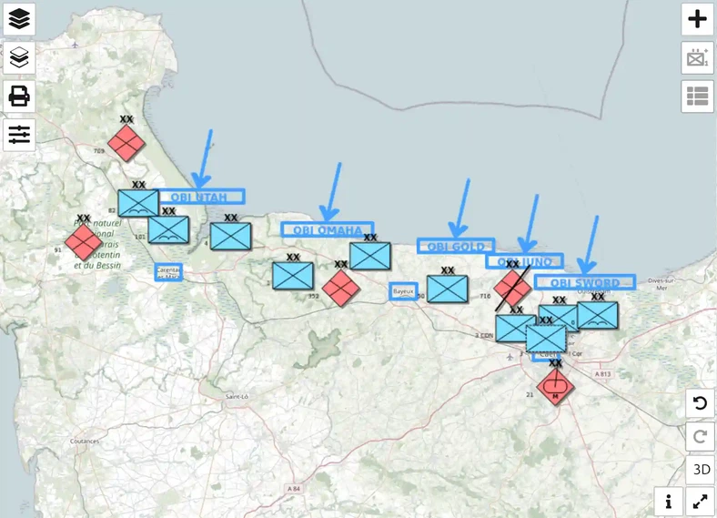 D-Day evening on map.army: German 716th damaged, 21st Panzer arrow towards the coast, planned UK 3rd Division at Caen