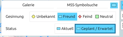 Reiter Optionen im map.army-Bereich 'Neues taktisches Zeichen' mit gewähltem Status 'Geplant / Erwartet'