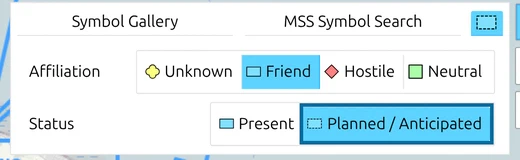 Options tab of the map.army Add symbol panel with Status 'Planned / Anticipated' selected