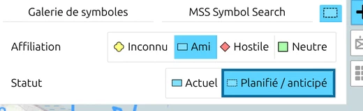 Onglet Options du panneau Ajouter un symbole de map.army avec le Statut 'Planifié / anticipé' sélectionné