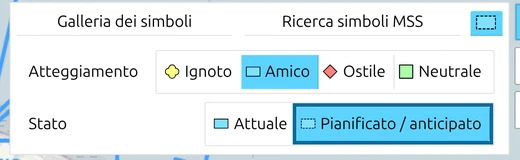 Scheda delle opzioni del pannello Aggiungi simbolo di map.army con lo stato 'Pianificato / previsto' selezionato