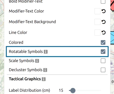 'Rotatable Symbols' under 'Symbol Format' in the map.army Options panel