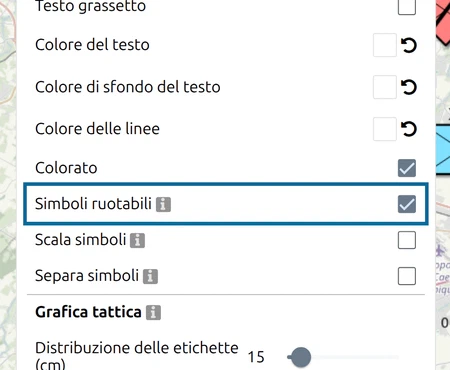 'Simboli ruotabili' sotto 'Formato simbolo' nel pannello Opzioni di map.army