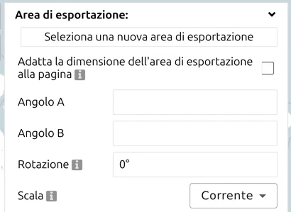 Gruppo 'Area di esportazione' del pannello Stampa ed esportazione di map.army, con Angolo A/B, Rotazione e Scala