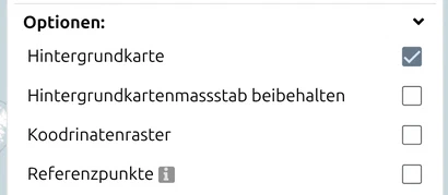 Gruppe 'Optionen' im Druck- und Exportfenster von map.army: Hintergrundkarte, Koordinatengitter, Referenzpunkte