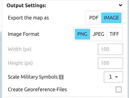'Output Settings' group of the map.army Print & Export panel set to IMAGE, with Width, Height and Scale Military Symbols