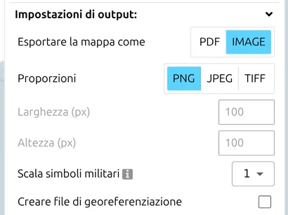 Gruppo 'Impostazioni di output' di map.army impostato su IMAGE, con Larghezza, Altezza e Scala simboli militari