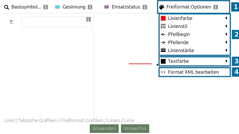 Freiformat Optionen einer generischen Grafik in map.army: Palette (1), Linien (2), Textfarbe (3), Format XML (4)