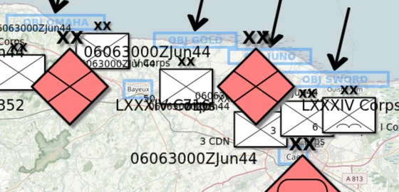 Approved Allied layer with white-filled symbols next to the coloured German symbols on the map.army map