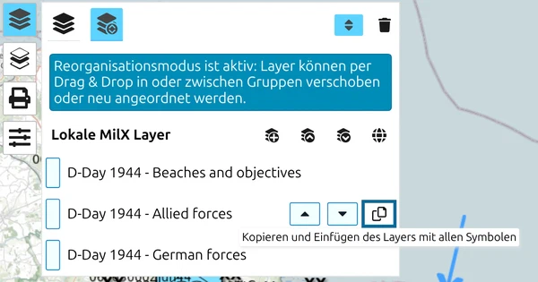map.army Layer-Manager mit dem Tooltip 'Kopieren und Einfügen des Layers mit allen Symbolen' an der Kopieren-Schaltfläche