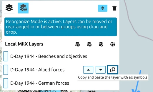 map.army Layer-Manager row with the tooltip 'Copy and paste the layer with all symbols' on its copy button