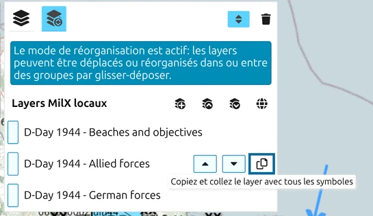 Ligne du gestionnaire des layers avec l'info-bulle 'Copiez et collez le layer avec tous les symboles' sur son bouton de copie