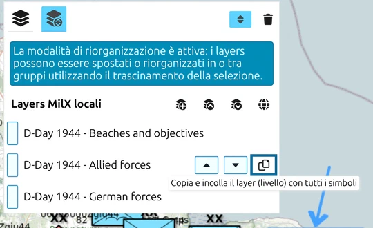 Gestore dei layer con il suggerimento 'Copia e incolla il layer con tutti i simboli' sul pulsante di copia