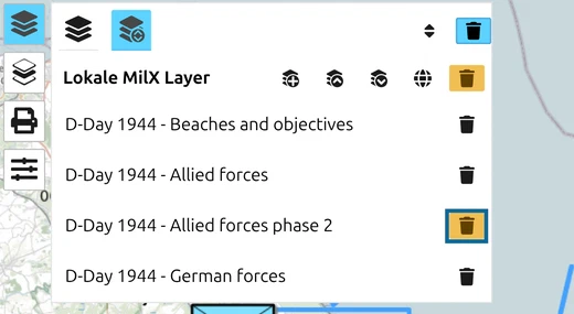 map.army Layer-Manager im Löschmodus mit der Papierkorb-Schaltfläche des Layers 'phase 2' markiert