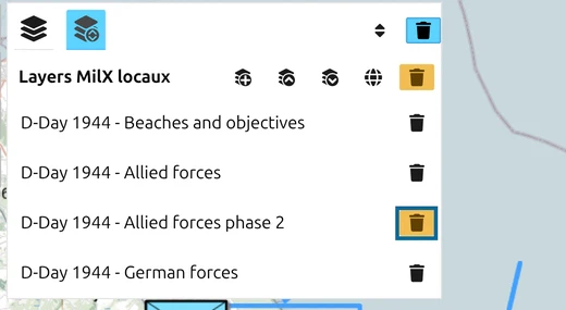 Gestionnaire des layers de map.army en mode suppression, bouton corbeille du layer 'phase 2' marqué