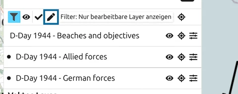 map.army Layer-Panel mit den drei Layer-Filtern und dem markierten Filter 'Nur bearbeitbare Layer anzeigen'