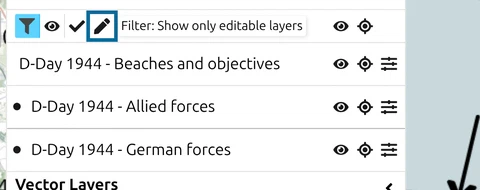 map.army Layers panel with the three layer filters shown and 'Show only editable layers' marked