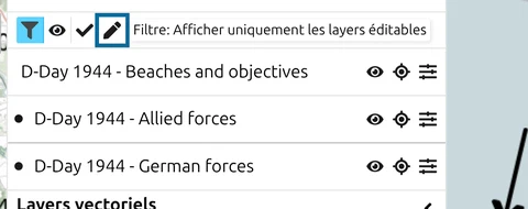 Panneau Layers de map.army avec les trois filtres affichés et 'Filtre: Afficher uniquement les layers éditables' marqué
