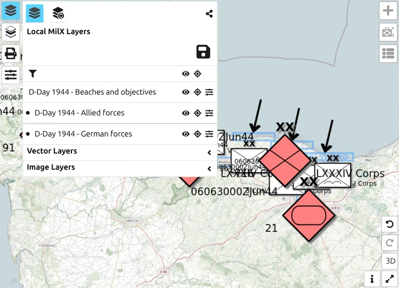 D-Day situation on map.army with the objectives layer faded, larger German symbols and the Allied layer approved