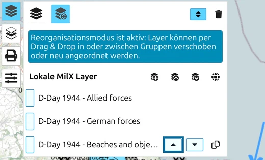 map.army Layer-Manager im Reorganisationsmodus, die Schaltfläche 'Layer nach oben verschieben' ist markiert