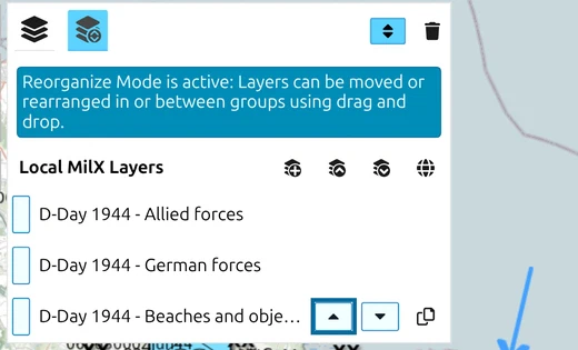 map.army Layer-Manager in Reorganize mode with the 'Move the layer to the top' button marked on a layer row