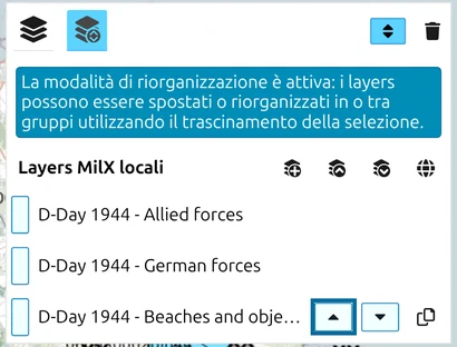 Gestore dei layer in modalità di riorganizzazione con il pulsante 'Sposta il layer verso l'alto' evidenziato