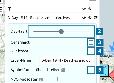 Layer-Einstellungen in map.army: Deckkraft, Genehmigt, Nur lesbar, Layer-Name und Symbolformat überschreiben