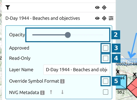 Settings of a layer in the map.army Layers panel: Opacity, Approved, Read-Only, Layer Name and Override Symbol Format