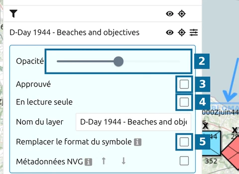 Paramètres d'un layer dans map.army : Opacité, Approuvé, En lecture seule, Nom du layer et format du symbole