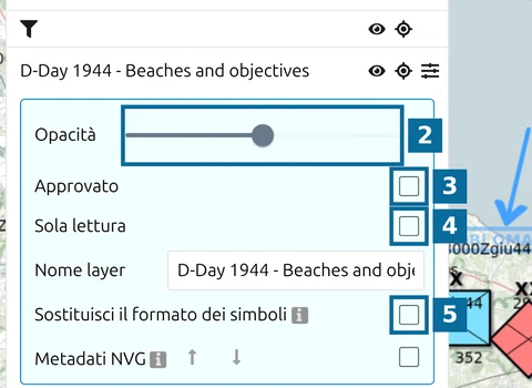 Impostazioni di un layer: Opacità, Approvato, Sola lettura, Nome layer e Sostituisci il formato dei simboli