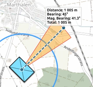 Distance measurement along the zone on the map.army map with the labels Distance, Bearing and Mag. Bearing