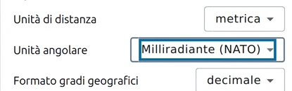 'Unità angolare' impostata su 'Millesimi (NATO)' nel pannello Opzioni di map.army