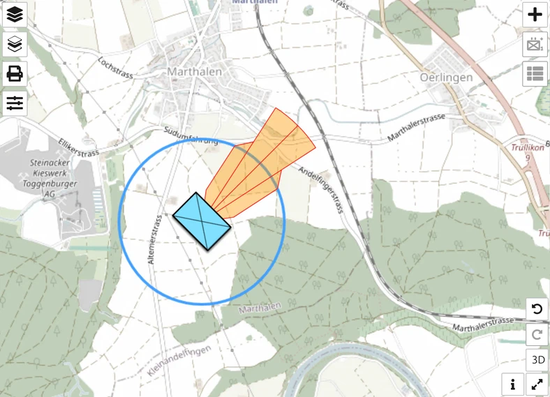 Training Area ALPHA on the map.army map: firing position, range ring and Safety Distance Zone with ricochet area