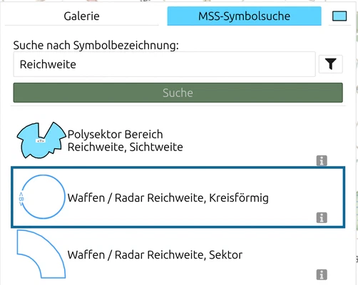 map.army MSS-Symbolsuche mit Suchbegriff 'Reichweite' und markiertem Ergebnis 'Waffen / Radar Reichweite, Kreisförmig'