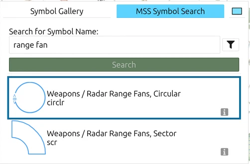 map.army MSS Symbol Search with 'range fan' typed in and 'Weapons / Radar Range Fans, Circular' marked