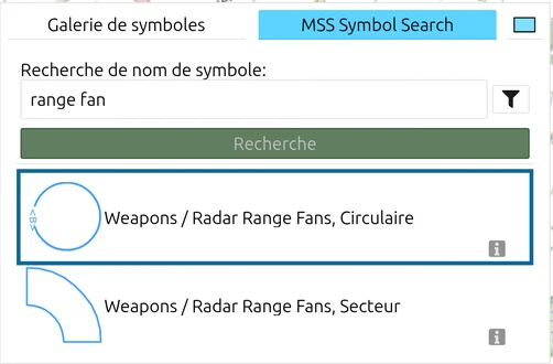 MSS Symbol Search de map.army avec 'range fan' saisi et 'Weapons / Radar Range Fans, Circulaire' repéré
