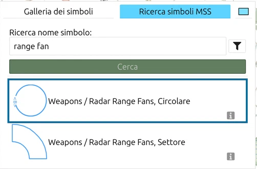 Ricerca simboli MSS di map.army con 'range fan' digitato e 'Weapons / Radar Range Fans, Circolare' contrassegnato