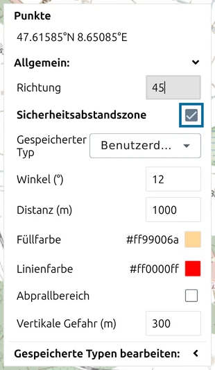 map.army-Punktliste der Feuerstellung mit markiertem Kontrollkästchen 'Sicherheitsabstandszone' und den Zoneneinstellungen