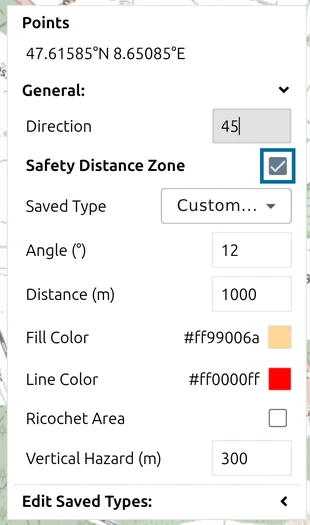 map.army point list of the firing position with the 'Safety Distance Zone' checkbox marked and its zone settings